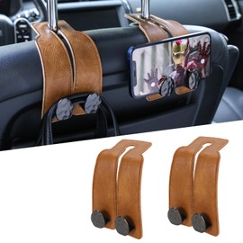 URIZZD 2PCS Leather Car Seat Hooks for Headrest, Vehicle Hanger Storage Organizer Universal for Handbag Purse, Car Accessories Gift (Brown-Black)