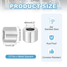 PATIKIL 12 Pcs Stainless Steel Spacers, 5mm ID x 10mm OD x 7mm Height 304 Stainless Steel Bushing Screw Standoff Unthreaded Round Spacer for 3/16"M5 Screws Bolts Nuts