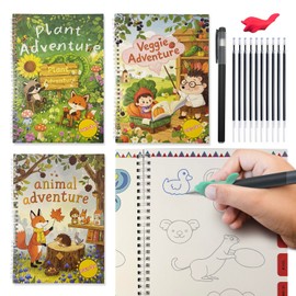 Chamgeco Reusable Magic Practice Copybook Set, Large Grooved Drawing Book with 3 Tracing Books, Drawing Practice Sketchbook for Kids Age 3-8, 10 Refillable Pen Cores & Grip Trainer for Preschool Kindergarten