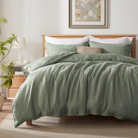 TOSMO 100% Linen Duvet Cover Set with Button Closure, 2 Pieces (1 Duvet Cover with 1 Pillowcase), Soft Breathable Durable Farmhouse Bedding - Twin, Sage Green