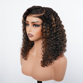 ISEE Hair Highlight Glueless Bob Wigs Human Hair Pre Plucked Pre Cut 2/30 Honey Blonde Curly Human Hair Wig for Black Women Ombre Water Wave 5x7 HD Lace Closure Wigs with Elastic Band 10 Inch
