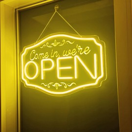 LED Neon Come In We're Open Sign for Business Store Storefront Glass Window Door Bar Cafes Restaurant Barber Wall Decor, Light Up We're Open Lighted Business Sign 24 Inch Eletric Powered Yellow