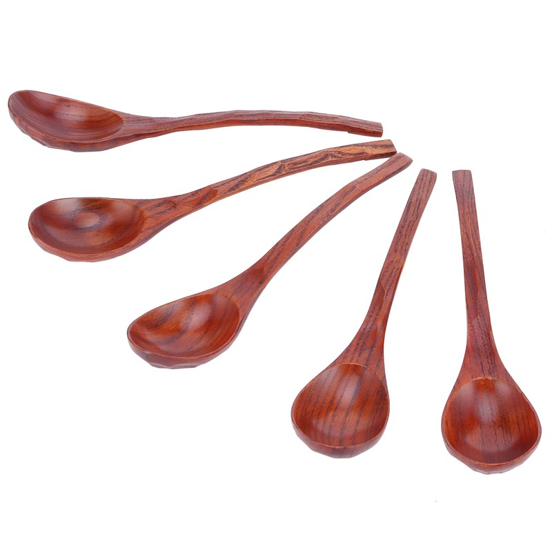 5PCS Japanese Style Wood Spoon Long Handle Soup Spoons Household