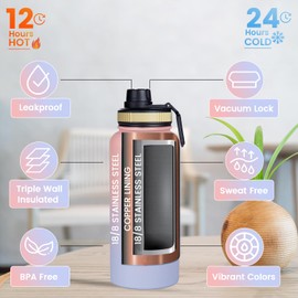 Lexlion Tea Infuser Bottle - Fruit Infuser Water Bottle 32 Oz, Triple Walled Insulated Stainless Steel Bottle, Thermal Leaf Infuser, Silicone Sleeve, Cleaning Brush, 3 Lids Leakproof, Metal Mug Gallon