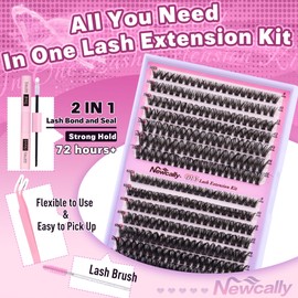 Fluffy Cluster Lashes Kit Wispy Individual Eyelashes Kit Volume 280 Pcs Eyelash Extension Kit D Curl Cluster Lashes Extension 9-16MM Lash Bond and Seal Tweezers by Newcally(50D+60D, 0.07D)
