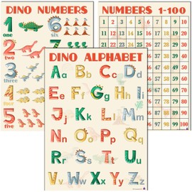 Dinosaur Alphabet and Numbers Charts - Laminated 14x19.5 in. - Educational Posters, Classroom Posters and Decorations, Back to School Supplies, Learning Posters for Preschool, Kindergarten, Dinosaur Numbers 1 to10 and 1 to 100