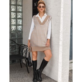 Zeagoo Women's Knit Wool-Blend Sleeveless Short Sweater Vest Dress Oversized V Neck Fall Winter Pullover Sweater Tank, Houndstooth XX-Large