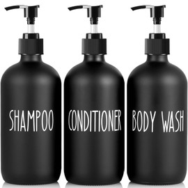 ALELION Glass Shampoo and Conditioner Dispenser Set of 3-16 oz Refillable Shampoo and Conditioner Bottles with Pump - Black Shower Soap Dispenser for Bathroom Decor and Accessories