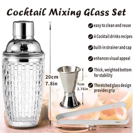 Glass Cocktail Shaker, 3PCS Bartender Kit, Martini Shaker with Built-in Strainer, jigger for bartending, Measuring Jigger,cocktail ice tong, margarita shaker, Bar Tool Set for Bartender