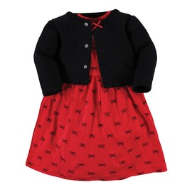 Hudson Baby Baby Girls' Quilted Cardigan and Dress, Red Black Bows, 6-9 Months