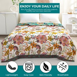 STASOPTK Boho Rustic Throw Blanket,100% Cotton Soft Vintage Bed Throw Blankets Floral Farmhouse Decor Throws,Reversible Throw for Sofa Couch, 60"×80" for All Seasons -White
