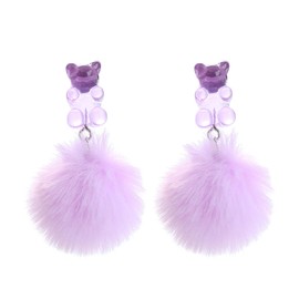 Gummy Bear Earrings Pom Pom Bear Drop Earrings Colorful Cartoon Pom Ball Gummy Bears Dangle Earring for Women-purple