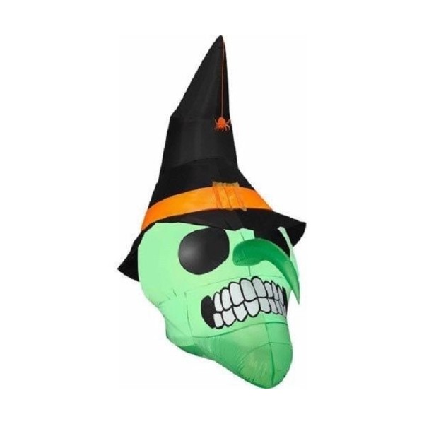 Gemmy Airblown Inflatable Green Skull Wearing Witch Hat with a Spider Hanging - Holiday Decoration, 6-Foot Tall x 3.5-Foot Wide x 5-Foot Deep