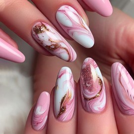 Pink Smudge Press on Nails with Marble Design Glossy Gold Glitter Medium Almond False Nails Gel Glue on Nails Gradient Manicure Art Acrylic Fake Nails Stick on Nails for Women Girls 24Pcs