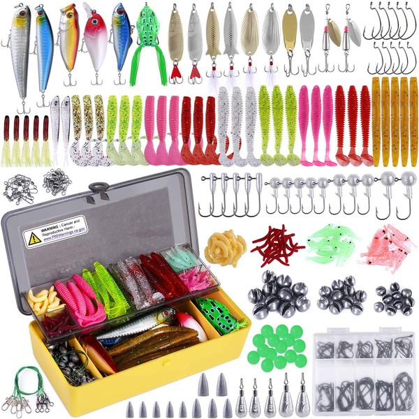 PLUSINNO Fishing Lures Baits Tackle Including Crankbaits, Spinnerbaits, Plastic Worms, Jigs, Topwater Lures, Tackle Box and More Fishing Gear Lures Kit Set, 102/302Pcs Fishing Lure Tackle