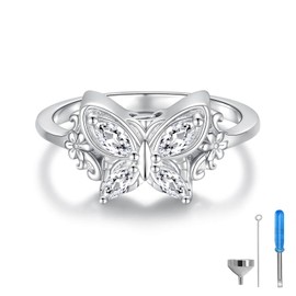 925 Sterling Silver Butterfly Cremation Ring for Ashes Memorial Urn Rings Keepsake Jewelry for Ashes Sympathy Gift for Women (White, 7)