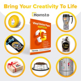 Homsto Vinyl Sticker Paper, Glossy Printable Vinyl Sticker Paper for Laser Printer, Quick-Drying, Water and Scratch-Resistant, Self-Adhesive for Most Surfaces, 8.5 x 11 Inches