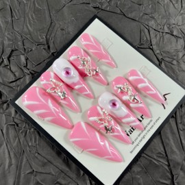 Press on Nails Handmade Nails 10Pcs Dark Gothic Style Manual Handpainted Press on Nails Pink Eyes Fake Nails for Women Party Holiday Photo Size S