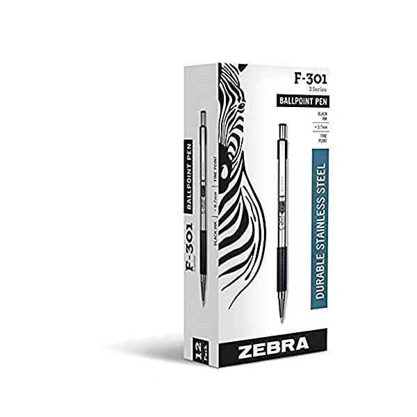 Zebra F-301 1.0mm Stainless Steel Ballpoint Pen - Black (Box of 12)