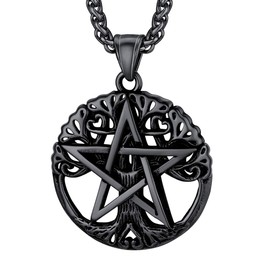 FaithHeart Stainless Steel, Wicca Pentagram Pendant with Tree of Life Mandala Pendant, with 55 cm + 5 cm Wheat Chain for Men and Women, Stainless Steel, B Pentagram with Tree of Life Black
