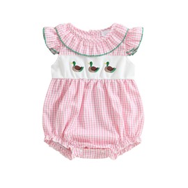 Adobabirl Baby Girl Summer Clothes Newborn Mallard Duck Bubble Romper Ruffle Smocked Plaid Bodysuit Cute Hunting Outfit (Pink Duck Embroidery, 3-6 Months)