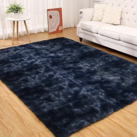 GarveeHome 8x10 Fluffy Rug Large Plush Shaggy Area Rugs for Living Room, Soft Tie-Dyed Furry Fur Rugs for Bedroom Non Shedding Fuzzy Plush Accent Rug Carpet Floor Covers for Home Decor, Navy