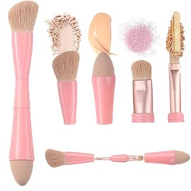 Viaje rochas para maquillaje, Brochas de Viaje, 4 en 1 Juego de brochas de maquillaje, brocha para base de doble punta para base, corrector, cejas, sombra de ojo, con 2 esponjas cosméticas (Rosa)