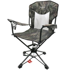 HUNTPAL 360 Degree Swivel Hunting Seat for Hunting Blinds, Foldable Steel Frame Outdoor Fishing Chair w/Armrests, Cup Holder and Carrying Shoulder Strap, Camo Water-Resistant High-Grade 600D Canvas