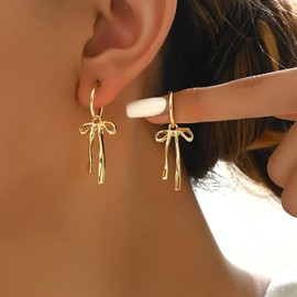 Christmas Bow Earrings for Women Trendy Rhinestone Bow Pearl Dangle Earrings Cute Stuff Christmas Decorations Jewelry Outfits for Women Stocking Stuffers Holiday Gift