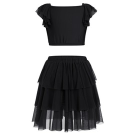 Lyrical Dance Dress for Women Ruffle Sleeve Square Neck Sparkly Sequins Crop Top Tiered Chiffon Midi Skirt Teen Girl Contemporary Dance Outfits Ballerina Dance Dress Black S