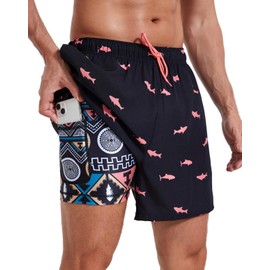 Roxdme Mens Swim Trunks with Compression Liner 5" Stretch Beach Shorts 2 in 1 Quick Dry with Zipper Pockets Board Shorts, Black-pink Shark /Tribal Design, Medium