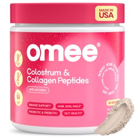 Omee Bovine Colostrum with Grass-Fed Hydrolyzed Collagen Powder | Hair Growth, Beauty, Skin & Nail Supplement | Gut Health, Immune Support | Probiotics | 40% IgG, Unflavored, Gluten-Free, 30 Servings