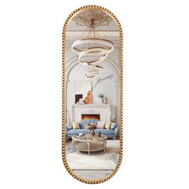 Fobule Oval Full Length Mirror, 20"x53" Metal Beaded Frame Mirror for Wall, Large Hanging Dressing Floor Mirror for Bedroom, Living Room, Entryway, Antique Gold (No Stand)