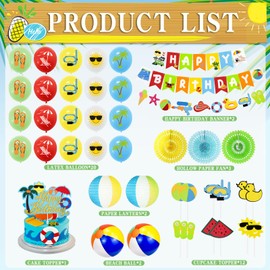 Summer Beach Party Decorations, Beach Theme Pool Birthday Party Supplies Including Birthday Banner Garland Paper Lanterns Balls Cupcake Toppers Balloons Set for Hawaiian Luau Party