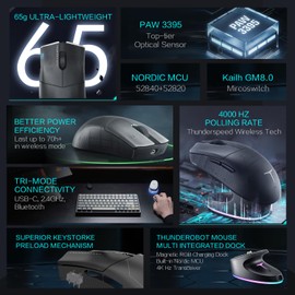 Thunderobot ML903 4K Souris Gamer Sans Fil avec Station de Charge RGB, Capteur Optique de 26 000 DPI,PAW3395,Longue Durée de Vie de la Batterie, Souris Ergonomique Sans Fil Pour PC, Mac