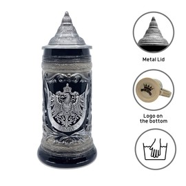 1 Liter | OktoberfestHaus German Adler (Eagle) Stein Mug Beer Steins For Men Charcoal Black Ceramic Beer With Metal Emblem Bier Krug With Lid Collectible Beer Steins for Beer Lover Gift