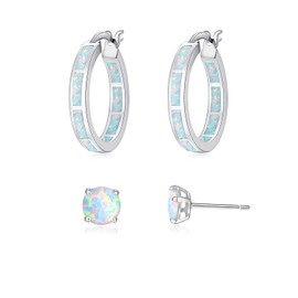CiNily 2 Pairs Hoop Earring Set for Women Blue Opal Small Hoop Earring Silver Plated Hypoallergenic Opal Stud Earrings