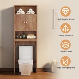 Lascritta Over The Toilet Storage Cabinet, Premium Farmhouse Freestanding Wooden Bathroom Organizer with Adjustable Shelves & Doors, and Anti-Tip Design for Home Space-Saving Toilet Rack (Kahki Brown)