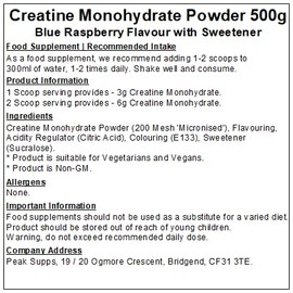 Peak Supps Creatine Monohydrate Powder - Blue Raspberry - Micronised (500g)