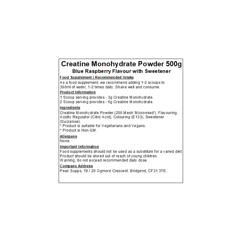 Peak Supps Creatine Monohydrate Powder - Blue Raspberry - Micronised