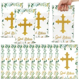 JarThenaAMCS 50Pcs First Communion Party Favor Bags Baptism Plastic Treat Bags with Handles God Bless Candy Goodie Bags for Gift Snack Cookie Packing