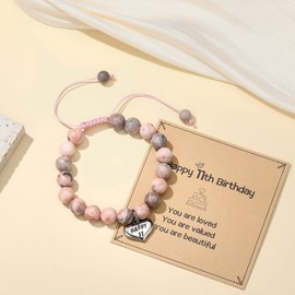 MIXJOY Turning 11 Year Old Birthday Bracelet Gifts for Daughter Granddaughter Niece Cousin, Happy 11th Heart Charm Bday Bracelets for Age 11 yr Old, Pink Beads Braided Rope Bracelet 6.3"-8.6"