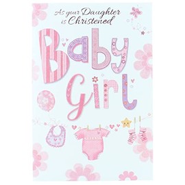 Baby Girl Christening Day Greetings Card - Rabbit & Pink Blanket 7.75" x 5.25"