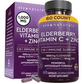 Viva Naturals Sambucus Elderberry with Zinc and Vitamin C for Adults, Vitamin D 5000 IU and Ginger - Immune Support Supplement, 60 Count - Black Dried Elderberry Capsules for Adults