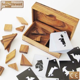 TANGRAM Double – ab 6 Jahren für 1 bis 2 Spieler, Kopf aus Massivholz nach CE-Normen, französische Marke Le Délirant, ein Puzzle mit mehr als 64 Figuren zum Realisieren. Reisespiel.