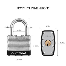 CINCINNO 40mm Keyed Alike Nickel Plated Laminated Steel Padlock, 1-9/16" Wide Body 1-inch Shackle Padlocks with Keys Pack of 12