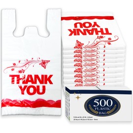 YoYoRain 500PCS Plastic bags, Large T shirt bags, White Plastic Bags with handle, Grocery shopping bag Supermarket Bag 11''x21''