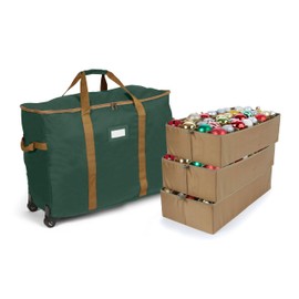 Covermates Keepsakes Rolling Adjustable Ornament Storage Bag – Heavy-Duty Polyester, FlexGrid Trays & Padded Dividers – Protective Holiday Organizer with Wheels, Handles & ID Window, Green