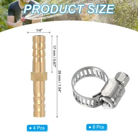 PATIKIL 1/4" Brass Hose Barb Fitting,2 Set Barb Union Fittings Metals Splicer Mender Connector Barbed Adapter Air Hose Repair Kit with Hose Clamp for Water Oil Fuel Gas