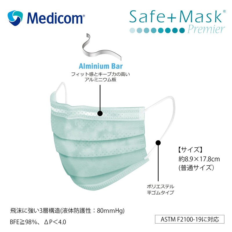 Medicom Japan Premier Safe Mask, 50 Masks, Green